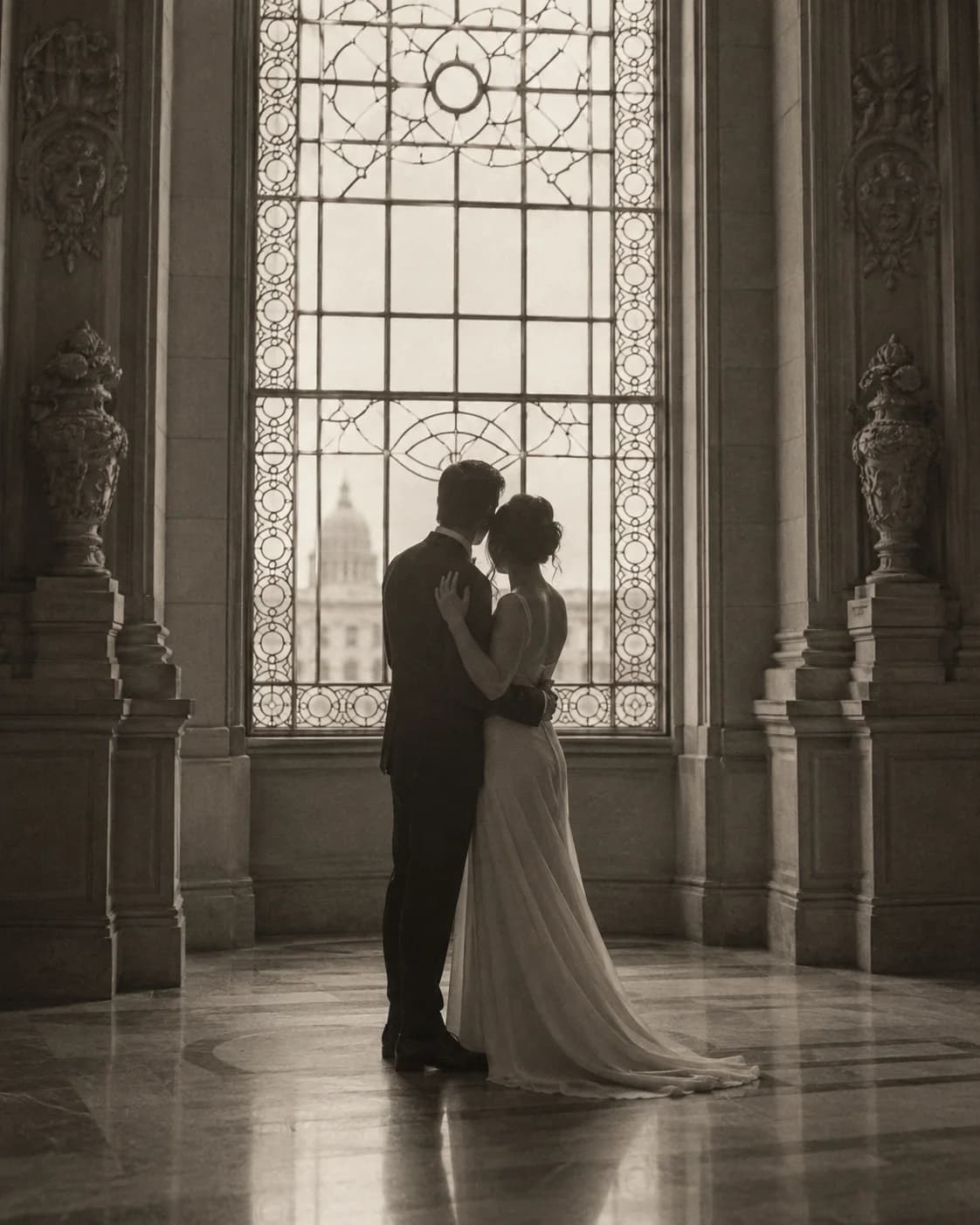 Editorial placeholder of a couple embracing at an ornate window
