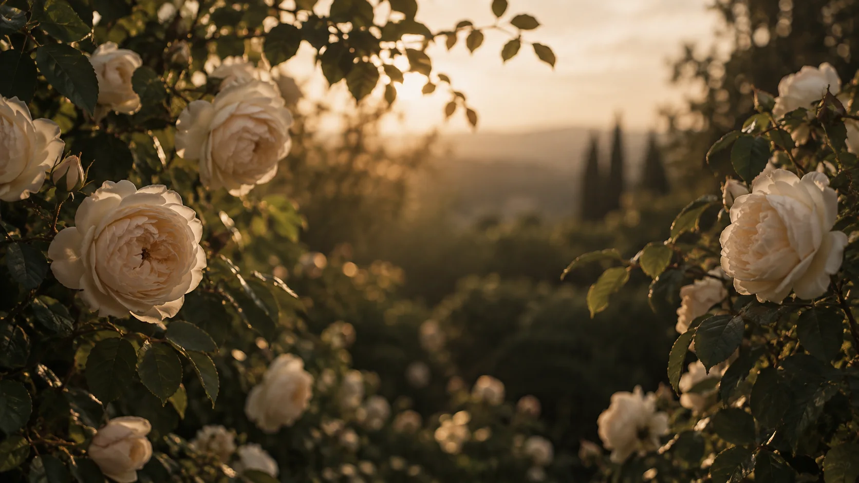 Ivory roses glowing in a garden at golden hour