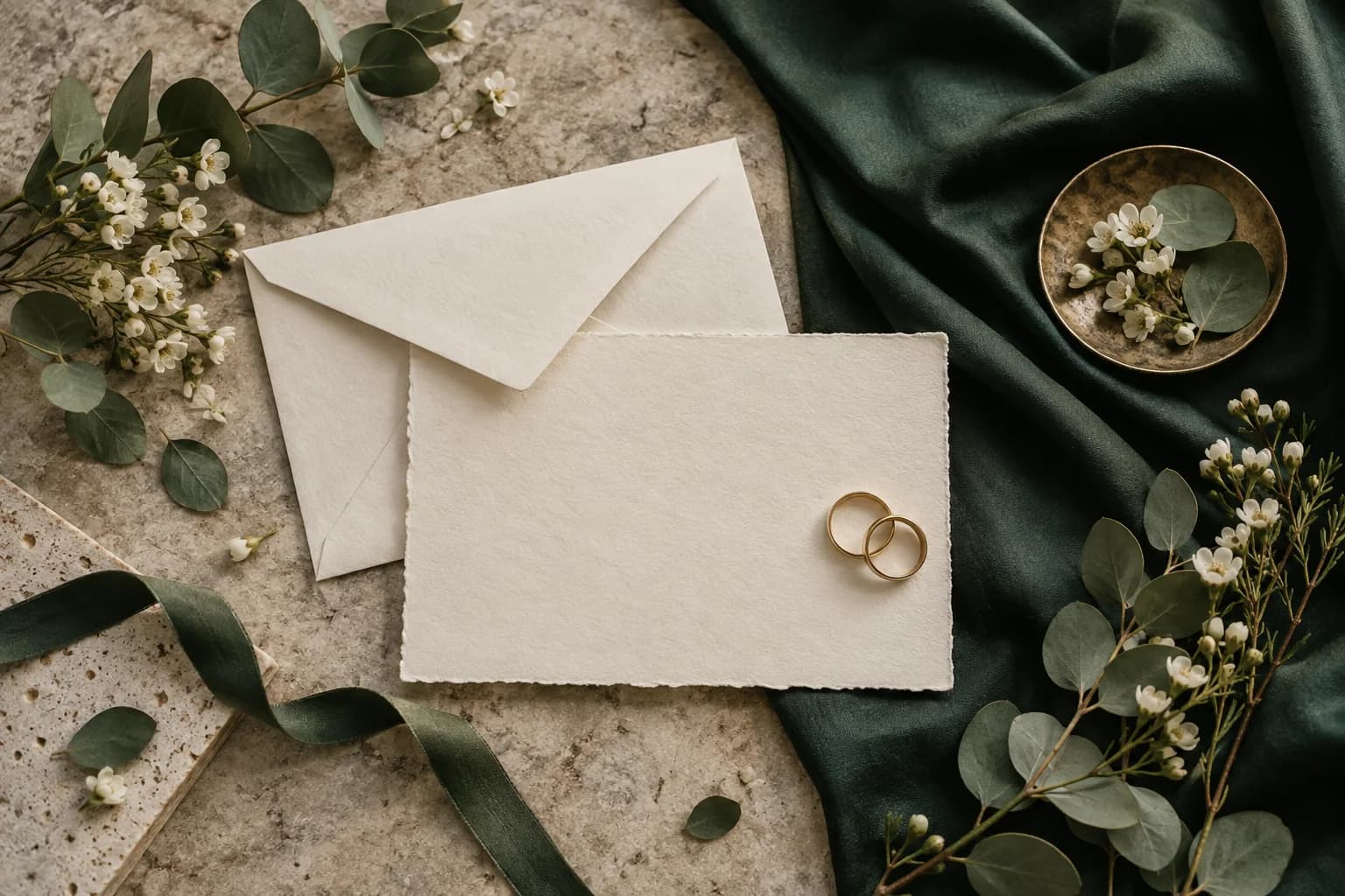 Wedding rings arranged with elegant stationery